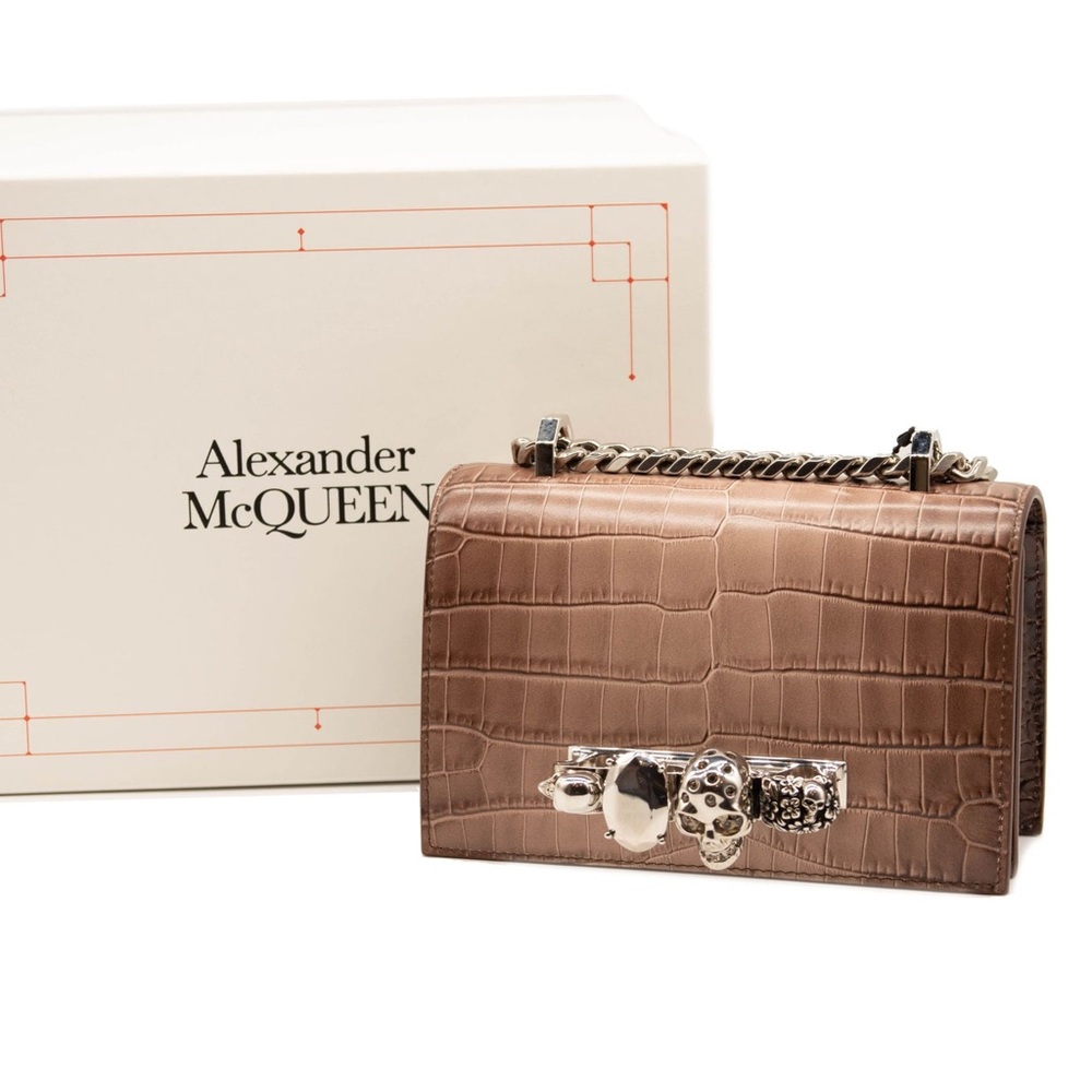 Alexander McQueen Bronze Croc-Embossed Leather Satchel with Silver Hardware